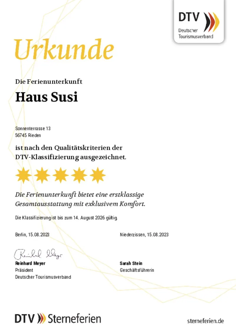 DTV-Klassifizierungsurkunde: Haus Susi mit fünf Sternen ausgezeichnet