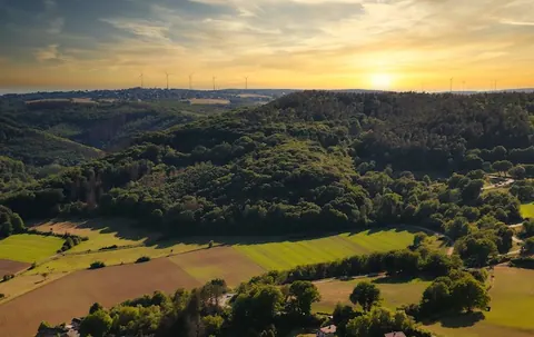 Blick über den herbstlich gefärbten Wald am Riedener Waldsee in der Osteifel